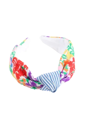 Ana Maria Headband - Blue Stripe With Multicolor Embroidery