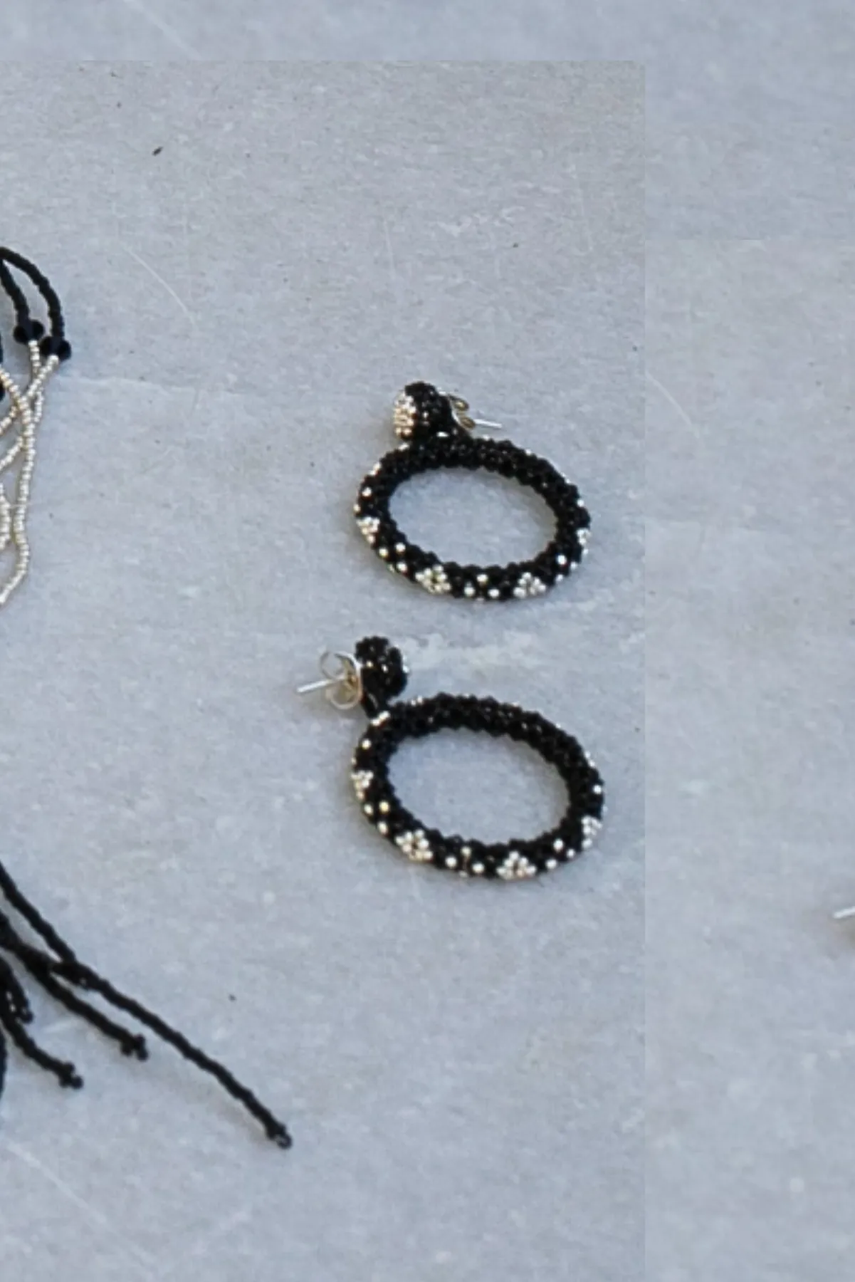 Beaded Hoop Earrings - Black & Silver