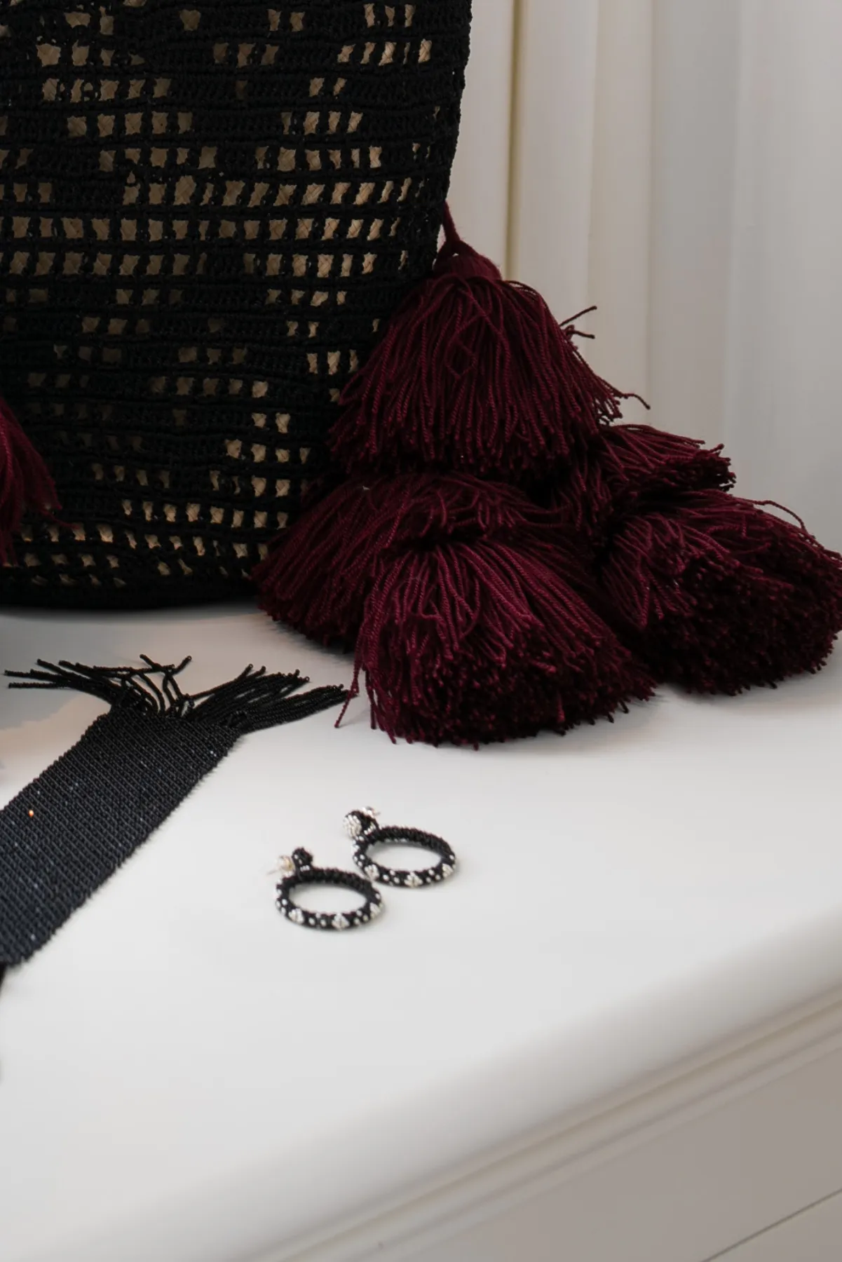 Beaded Hoop Earrings - Black & Silver