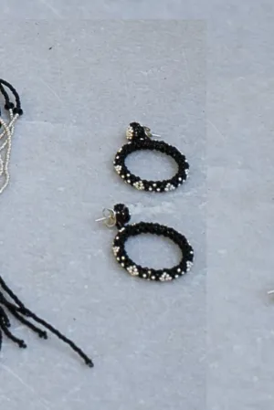 Beaded Hoop Earrings - Black & Silver