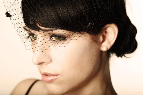 Black Birdcage Veil with Sequin Flowers - Hair Accessory