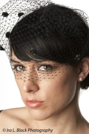 Black Birdcage Veil with Sequin Flowers - Hair Accessory
