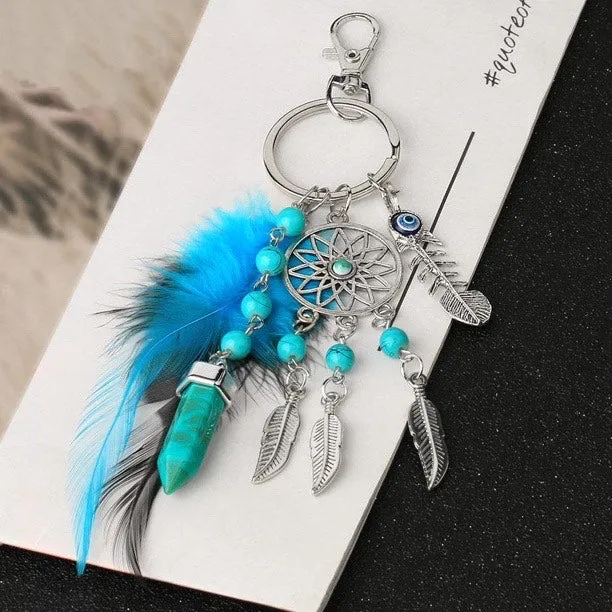 Blue Feather Tassel Charm Keychain Spiritual Symbol Accessory
