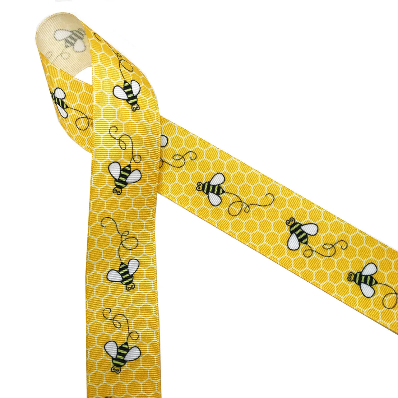 Buzzing Bees Ribbon with a yellow comb printed on 1.5"  grosgrain