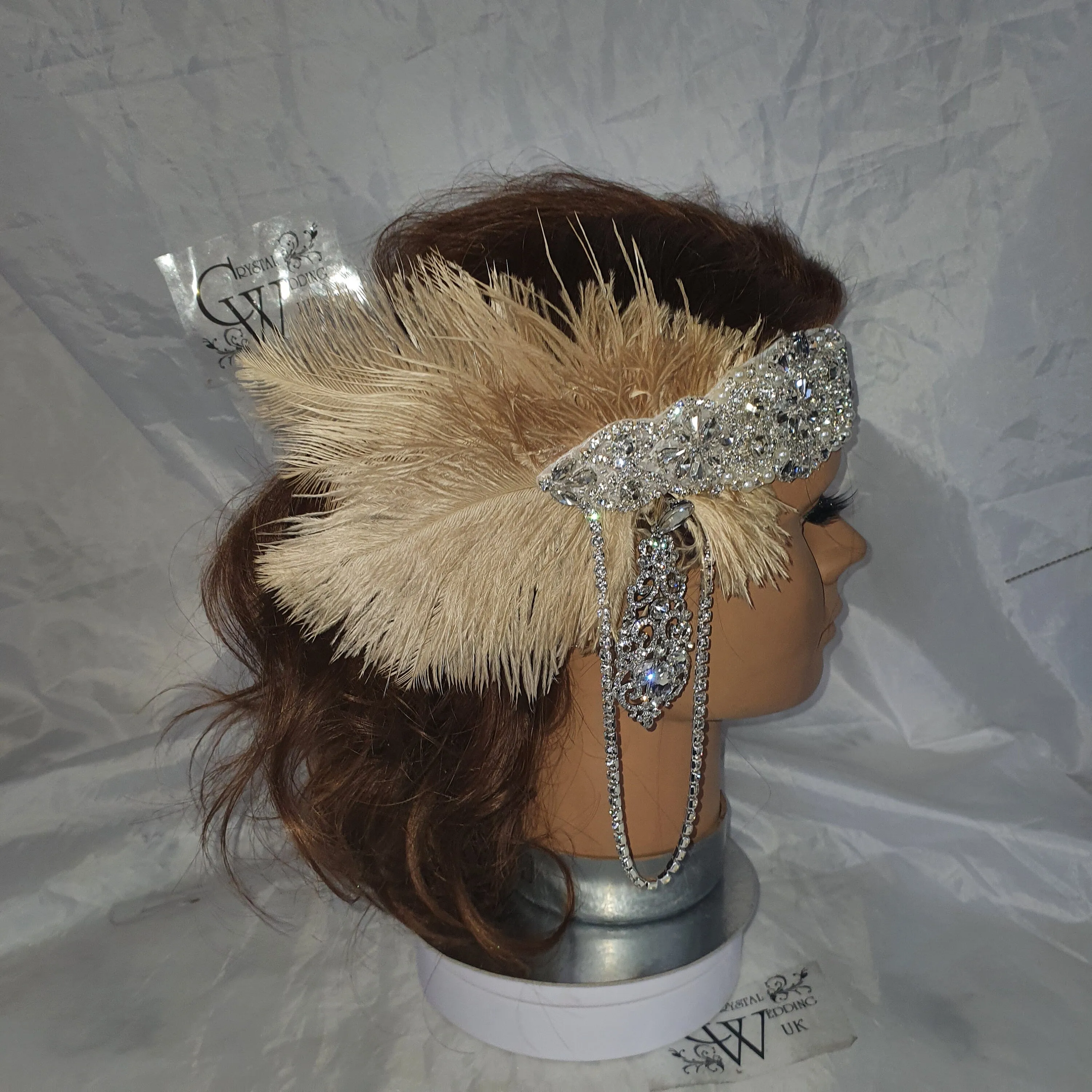 Feather hairpiece,The Great Gatsby 1920's feather rhinestone brooch.