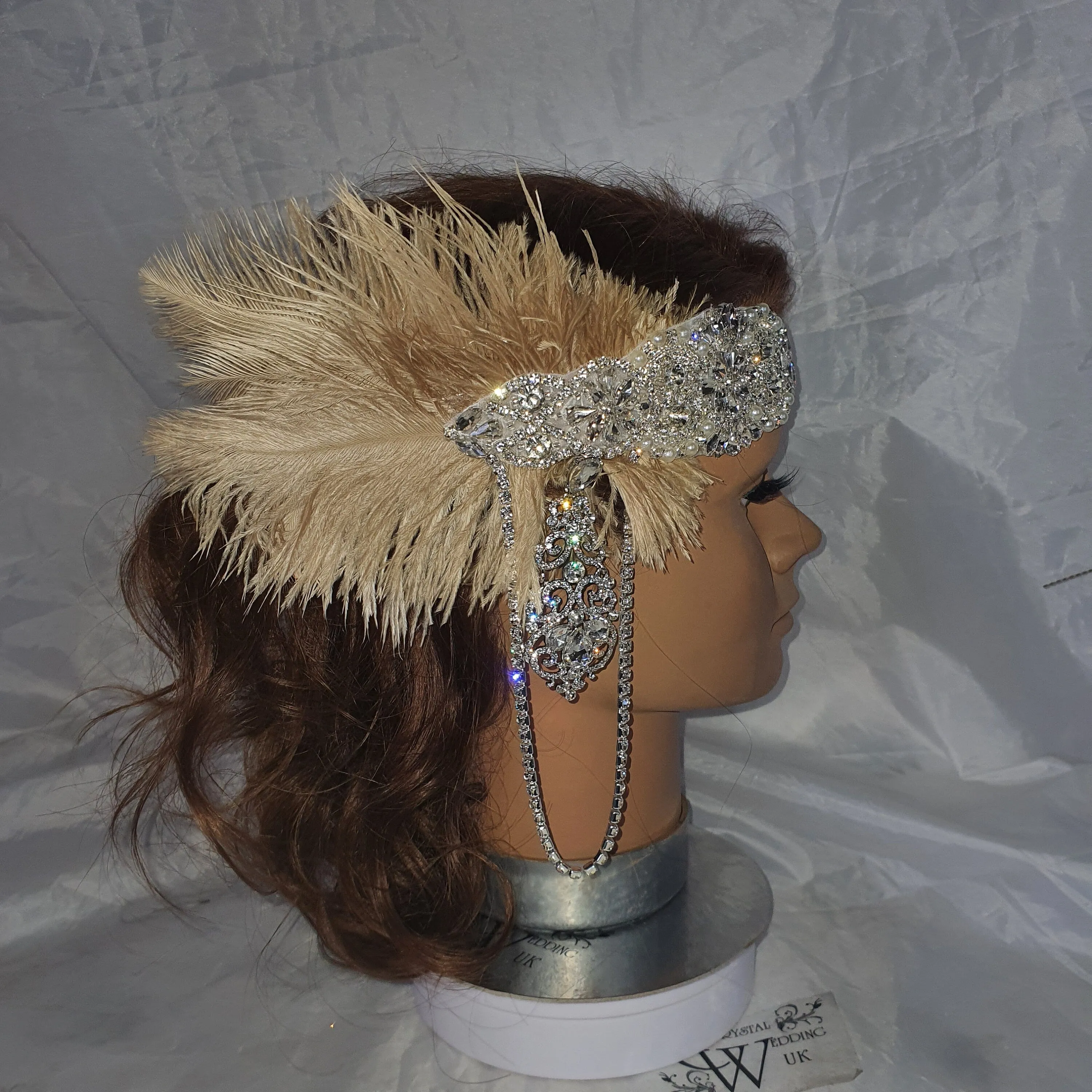 Feather hairpiece,The Great Gatsby 1920's feather rhinestone brooch.