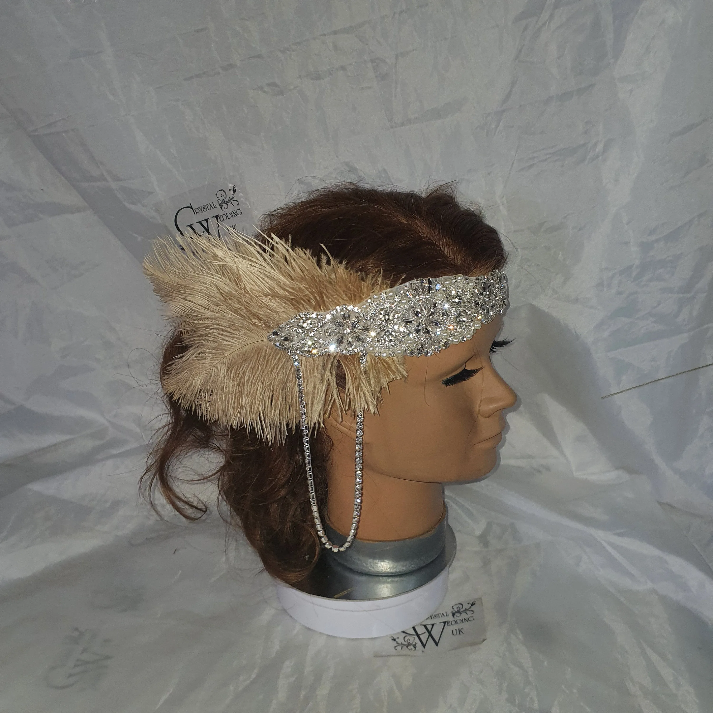 Feather hairpiece,The Great Gatsby 1920's feather rhinestone brooch.