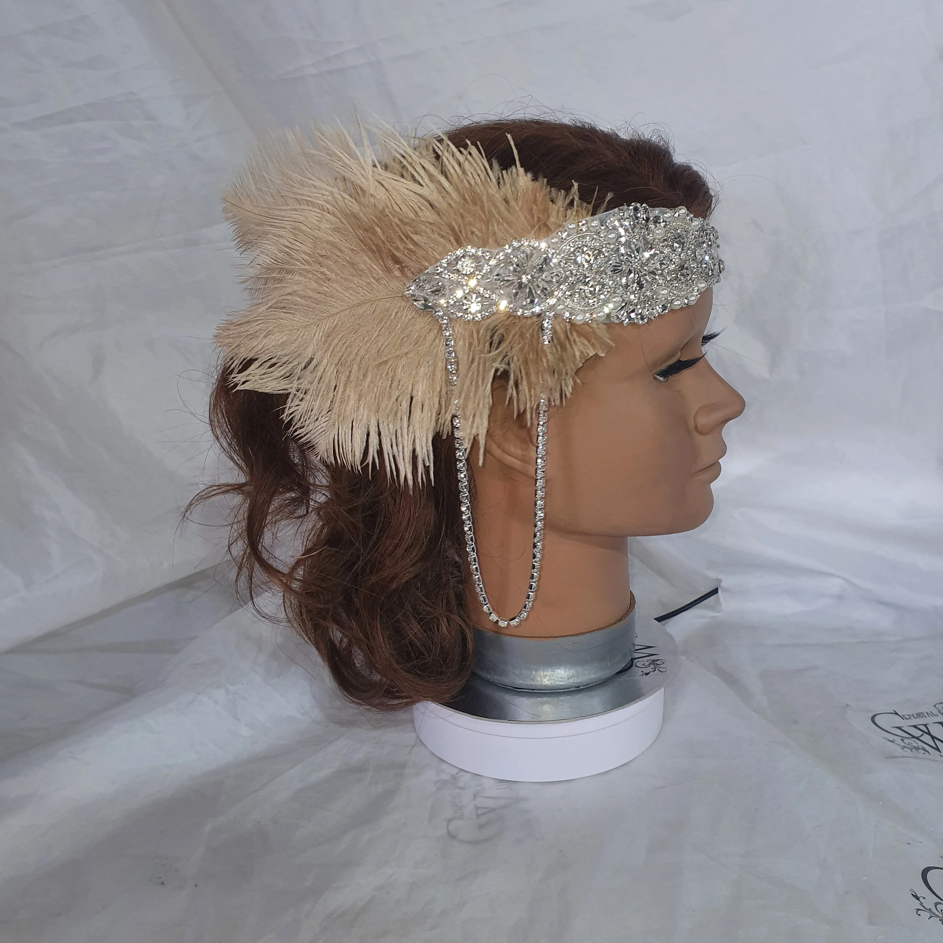 Feather hairpiece,The Great Gatsby 1920's feather rhinestone brooch.