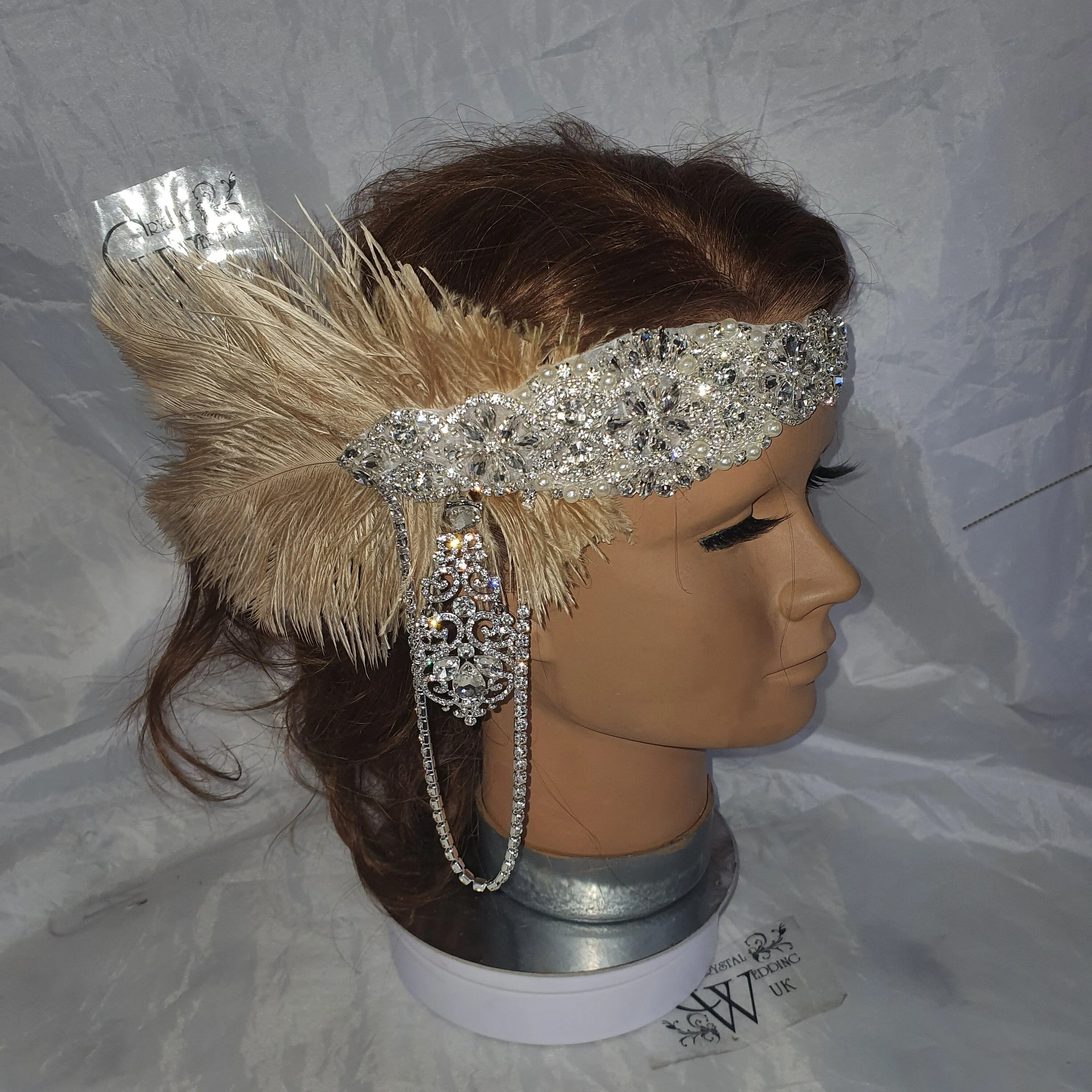 Feather hairpiece,The Great Gatsby 1920's feather rhinestone brooch.