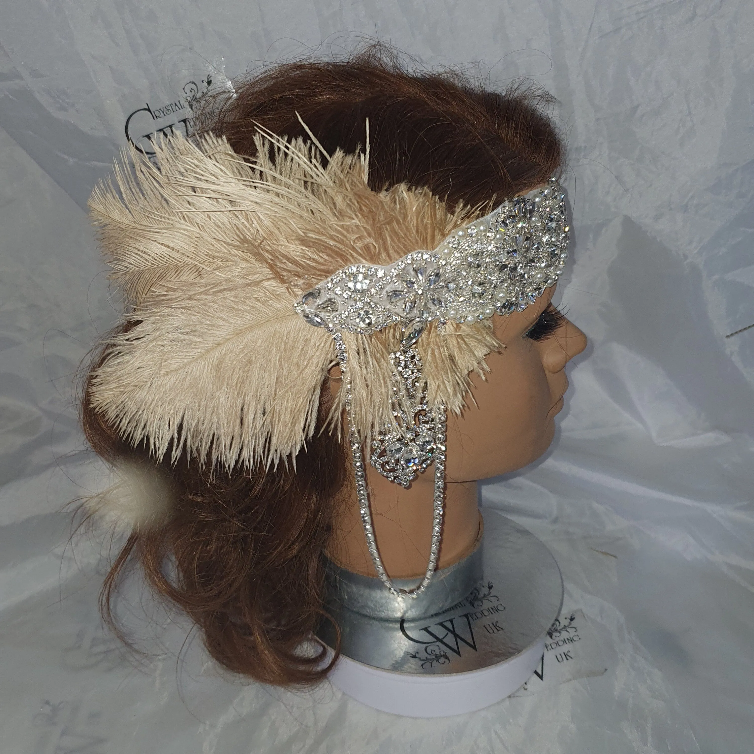 Feather hairpiece,The Great Gatsby 1920's feather rhinestone brooch.