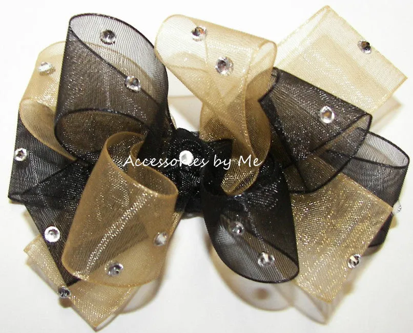 Glitzy Black Gold Organza Pigtail Hair Bows