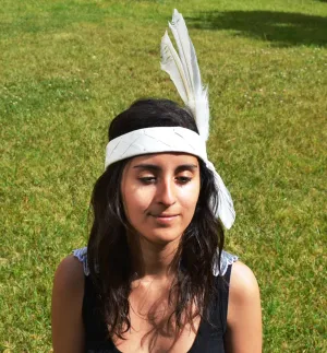 H8-White leather headband for kids with large White Feathers