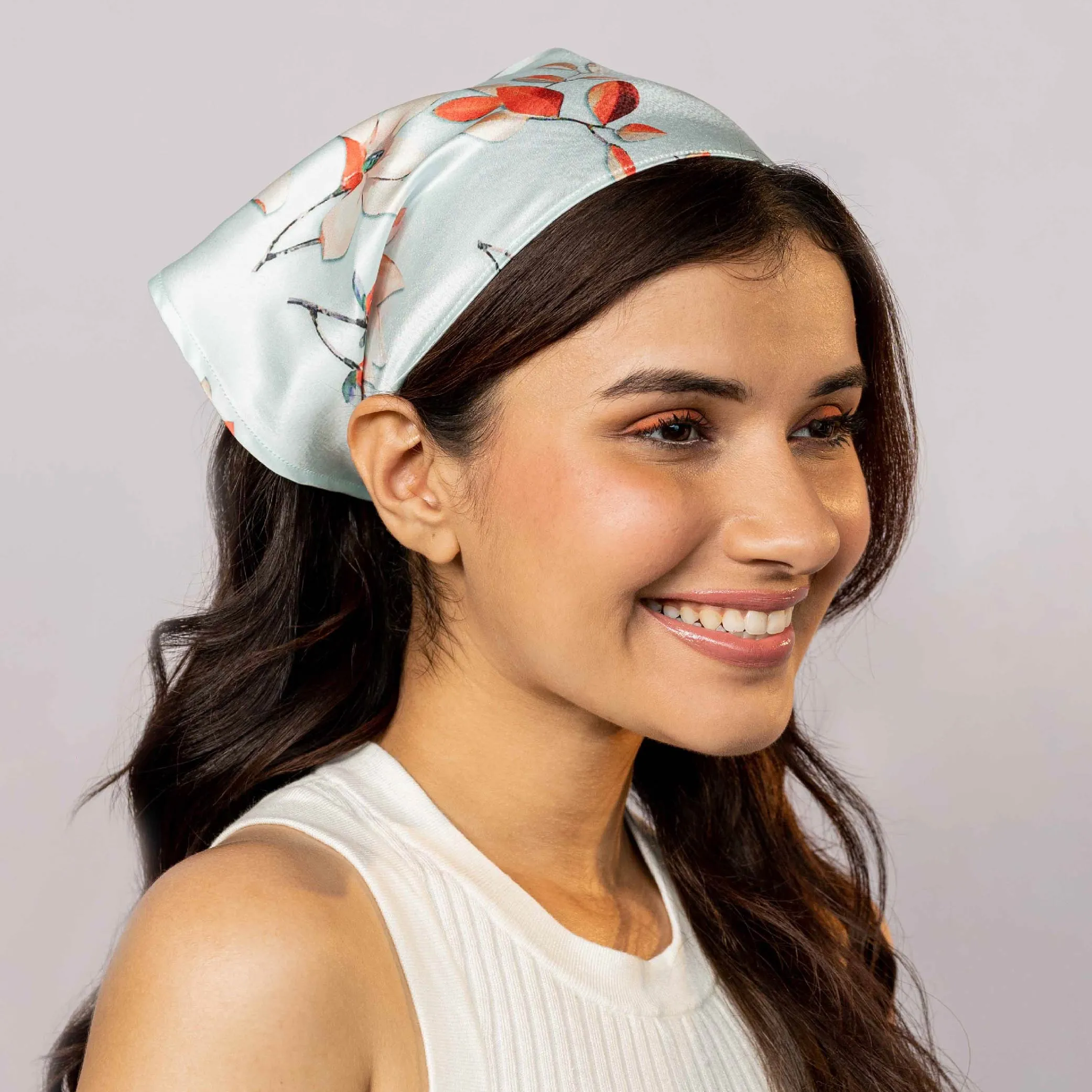 Hair Drama Co Blue Floral Satin Headscarf Headband with Elastic