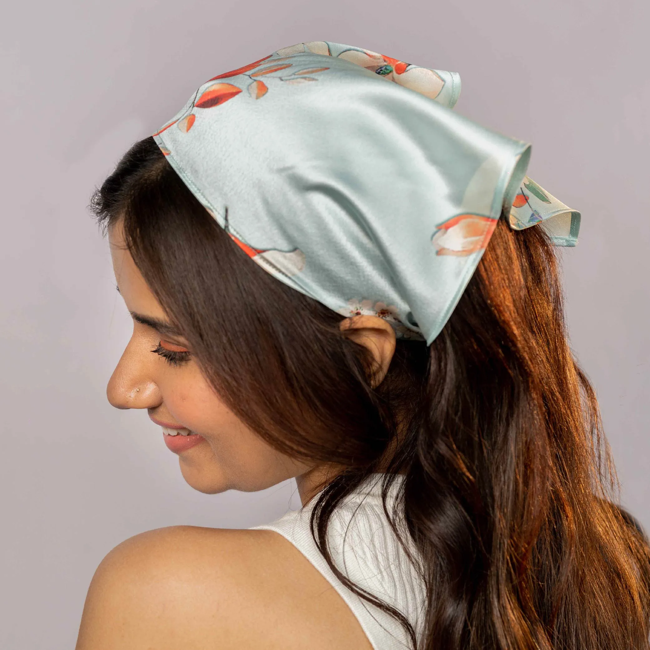 Hair Drama Co Blue Floral Satin Headscarf Headband with Elastic