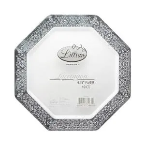 Lacetagon - 9.25" Pearl Plate - Silver Rim - 10 Count (Case Qty: 120)