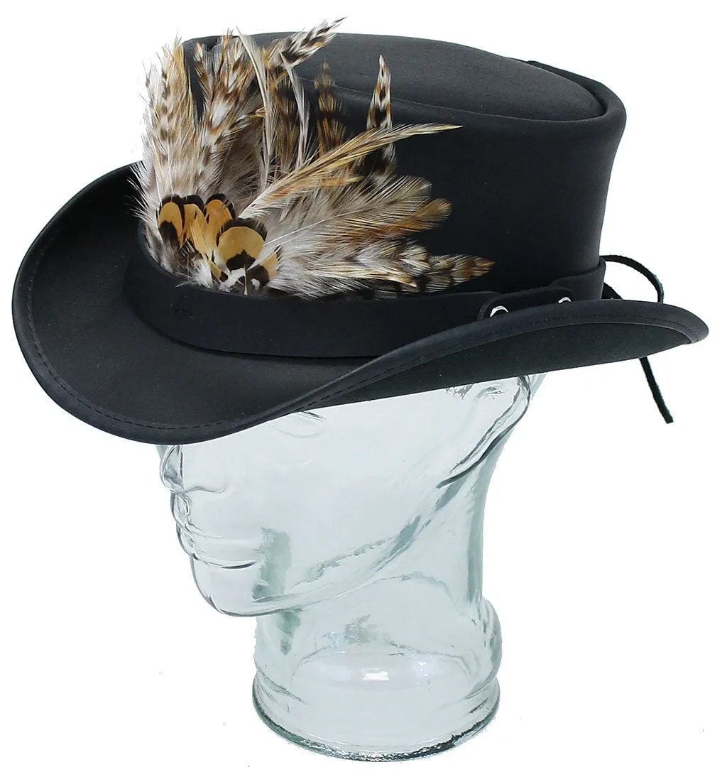 Large Front Feathers on Black Leather Hatband #HB-XFEATHER