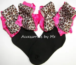 Leopard Shocking Pink Ruffle Bow Socks