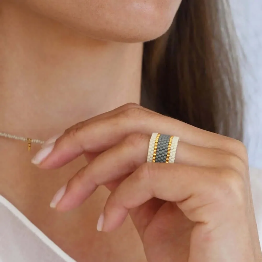 Maasai Woven Ring Cream-Grey-Gold