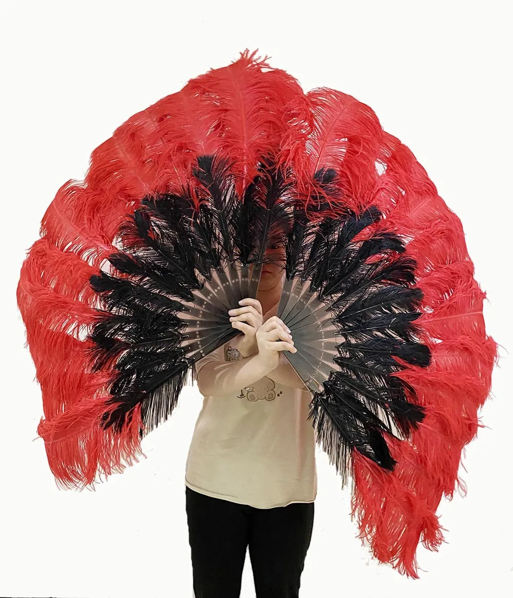 Mix black & red 2 Layers Ostrich Feather Fan 30"x 54"