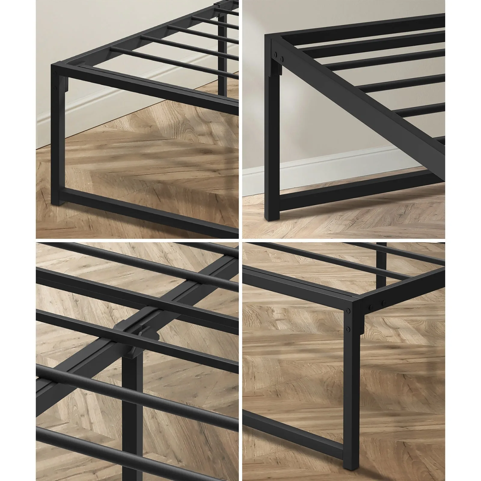 Oikiture Metal Bed Frame Queen Size Beds Base Platform Black