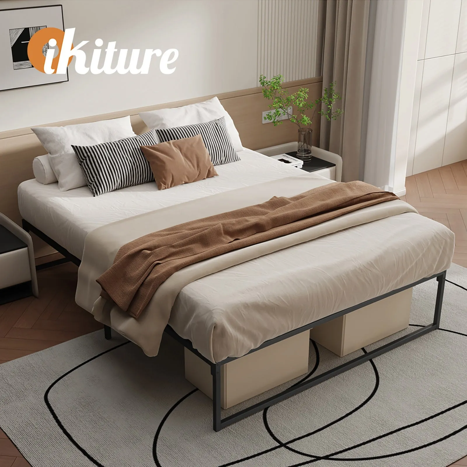 Oikiture Metal Bed Frame Queen Size Beds Base Platform Black