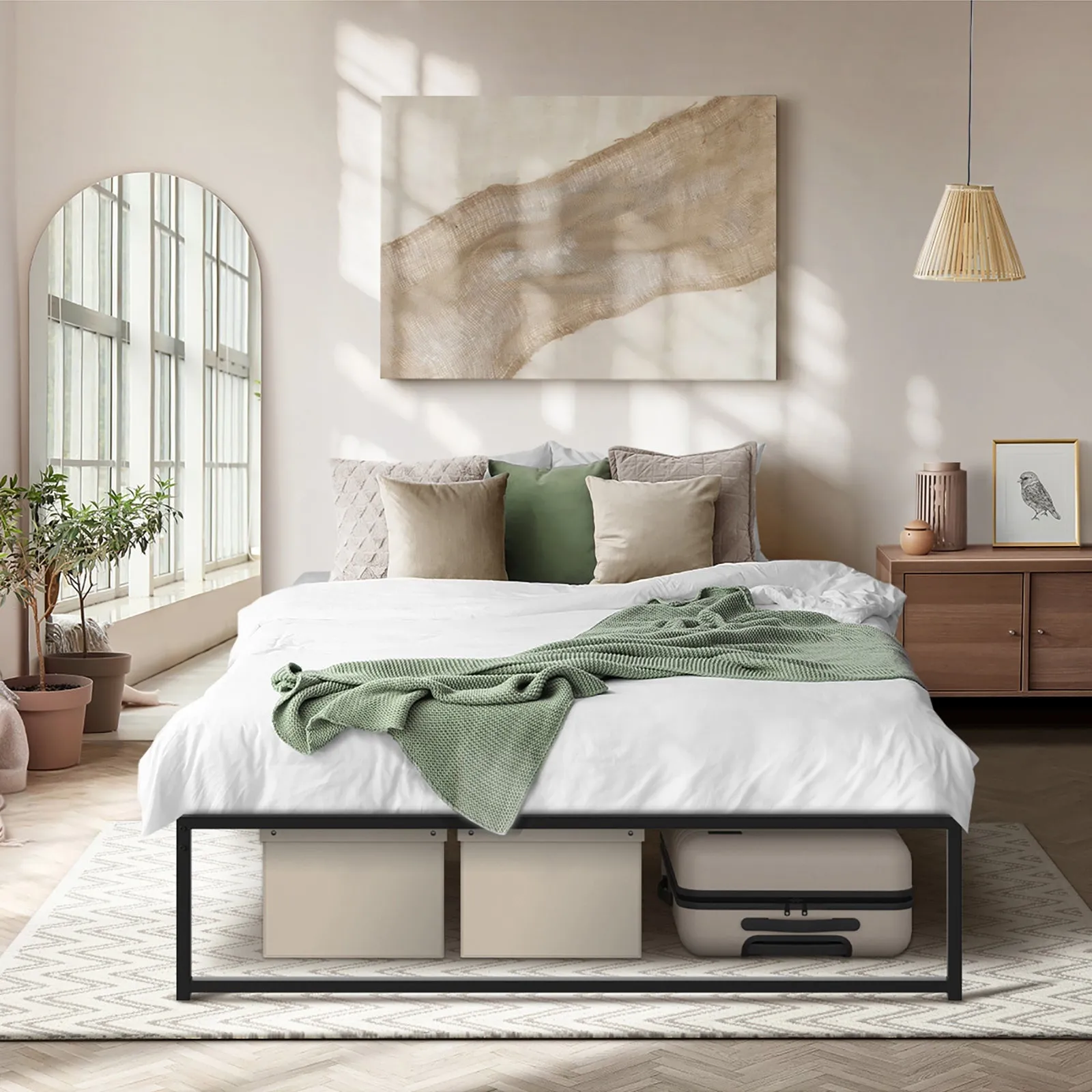 Oikiture Metal Bed Frame Queen Size Beds Base Platform Black