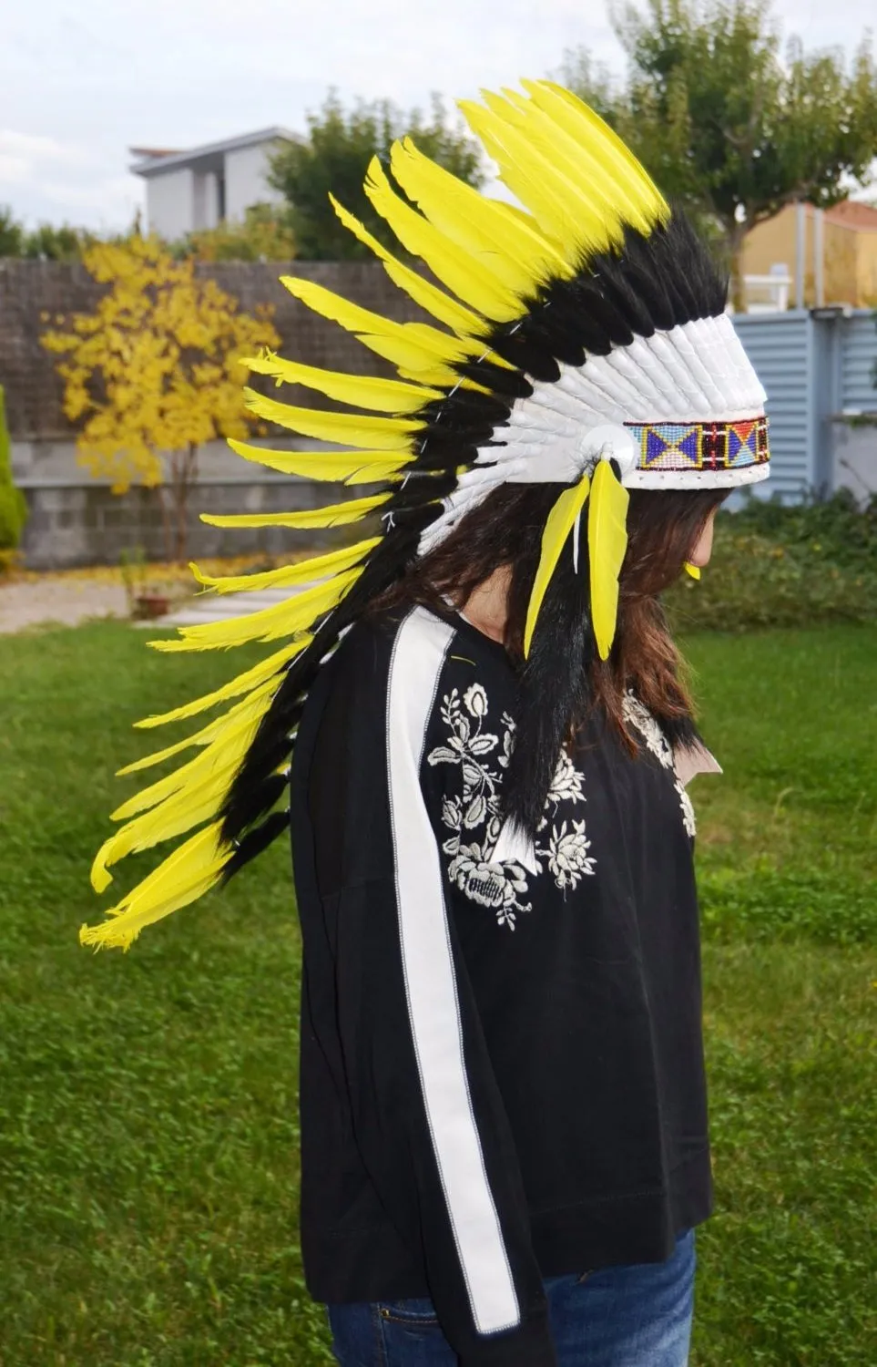 PRICE REDUCED Y13 Medium Indian yellow Feather Headdress / Handmade Native American Style Warbonnet (36 inch long )