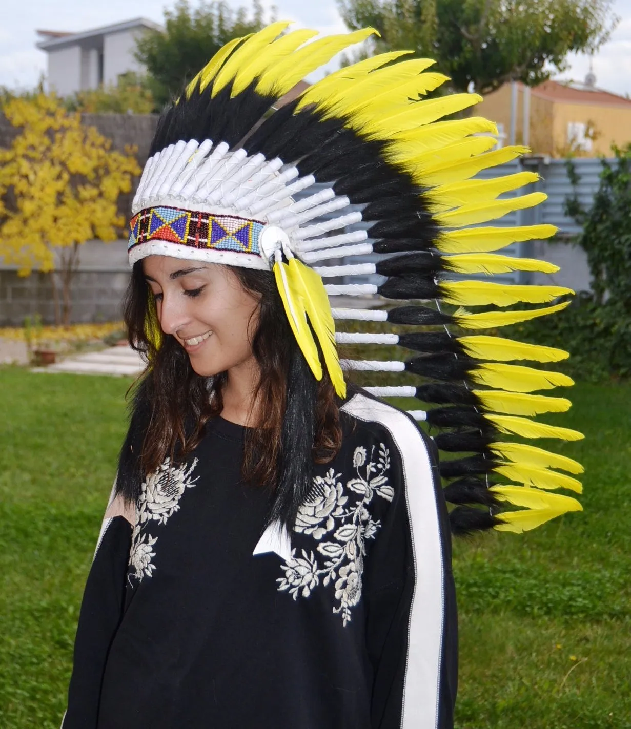 PRICE REDUCED Y13 Medium Indian yellow Feather Headdress / Handmade Native American Style Warbonnet (36 inch long )