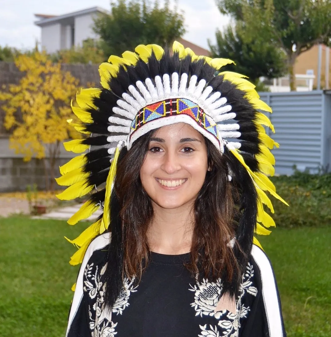 PRICE REDUCED Y13 Medium Indian yellow Feather Headdress / Handmade Native American Style Warbonnet (36 inch long )