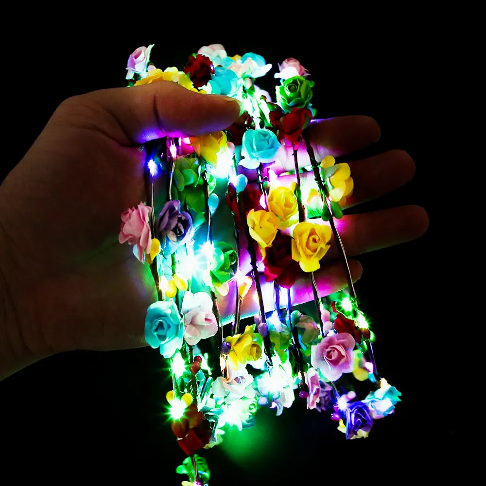 PROLOSO LED Flower Crown Light Up Paper Flower Wreath Headband Glow in The Dark Headpiece Headdress Wedding Festival Party Supplies 10 Pcs