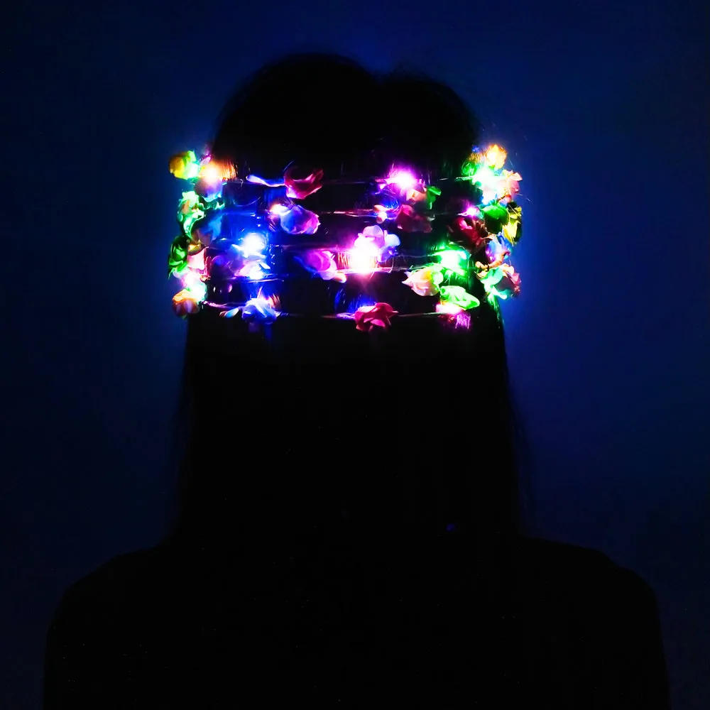 PROLOSO LED Flower Crown Light Up Paper Flower Wreath Headband Glow in The Dark Headpiece Headdress Wedding Festival Party Supplies 10 Pcs