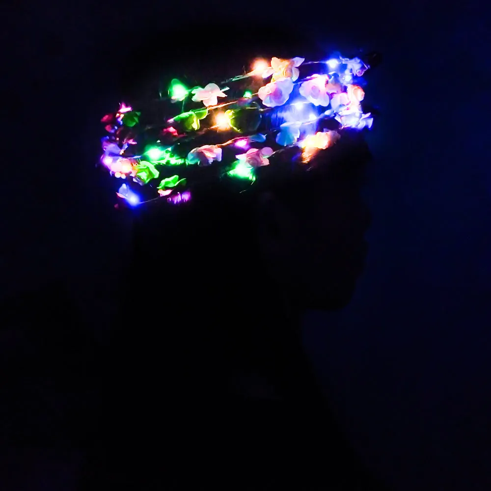 PROLOSO LED Flower Crown Light Up Paper Flower Wreath Headband Glow in The Dark Headpiece Headdress Wedding Festival Party Supplies 10 Pcs