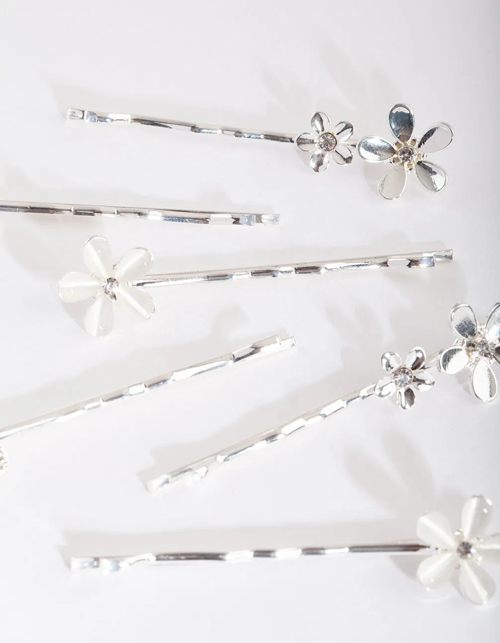 Silver Floral Stone Hair Clip Pack
