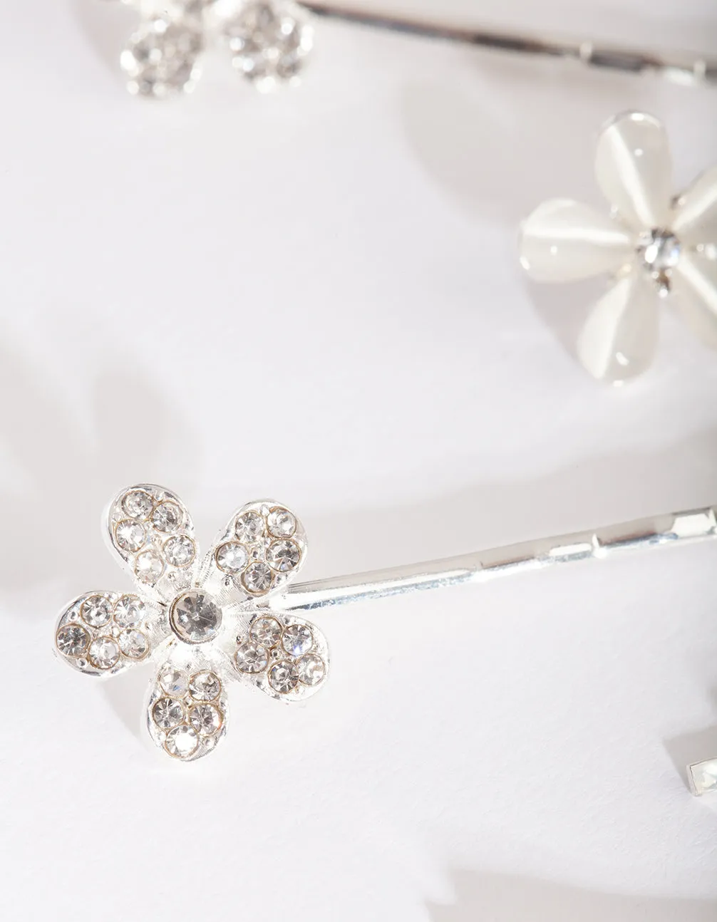Silver Floral Stone Hair Clip Pack