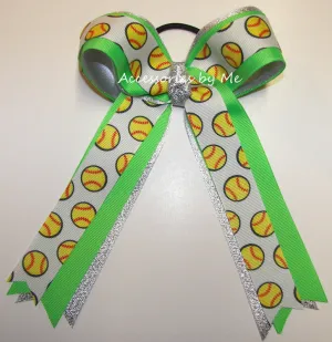 Sparkly Softball Neon Green Silver Ponytail Bow