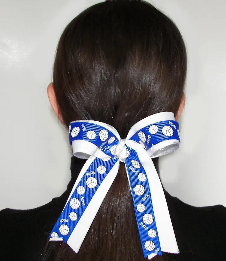 Sparkly Volleyball Royal White Silver Ponytail Bow