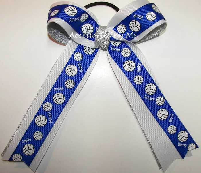 Sparkly Volleyball Royal White Silver Ponytail Bow