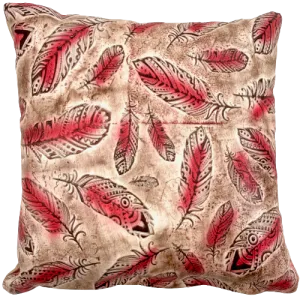 Square Pillow - Red Feather Print Leather - 18" x 18" (PIL154)