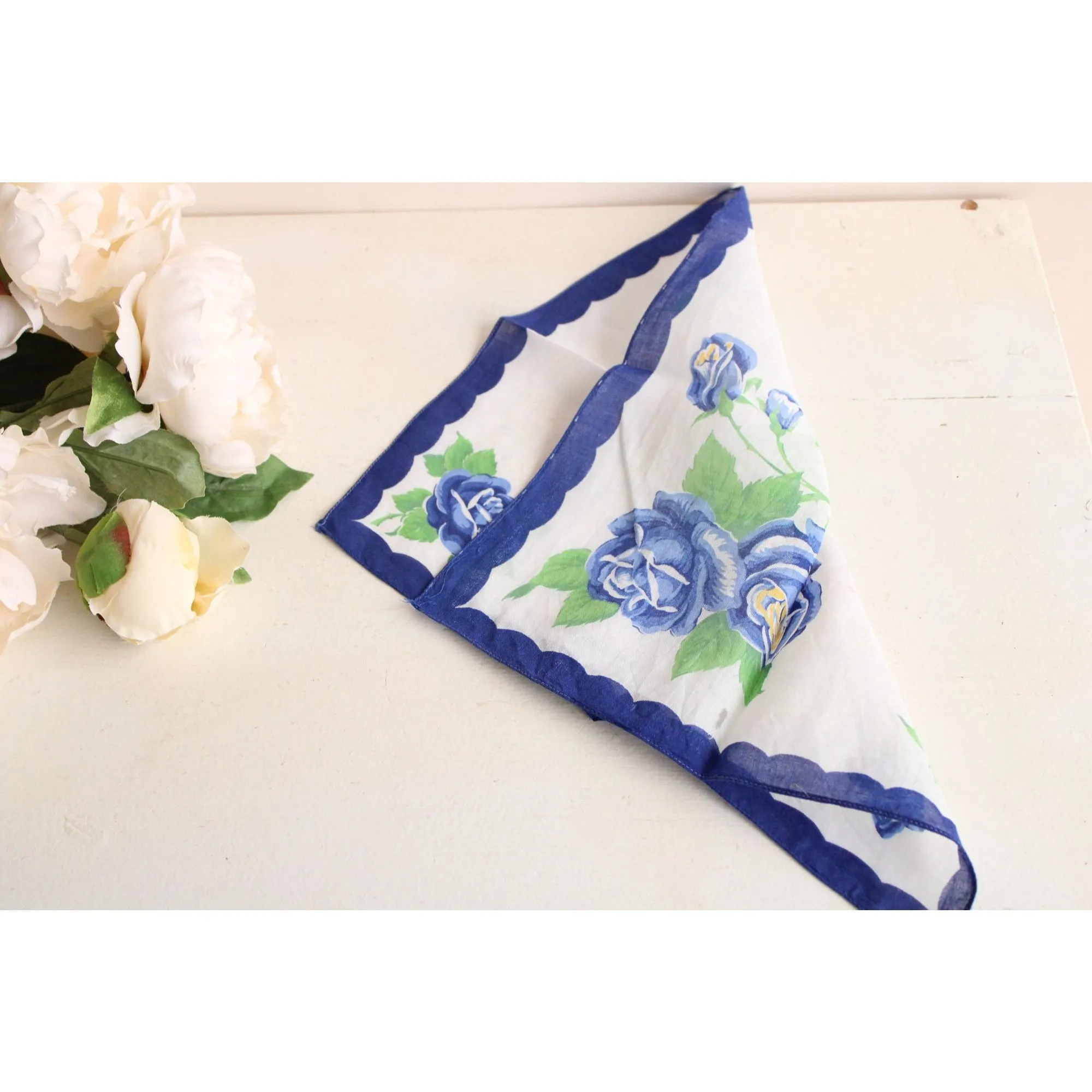 Vintage Blue Rose Flower Print Cotton Hanky