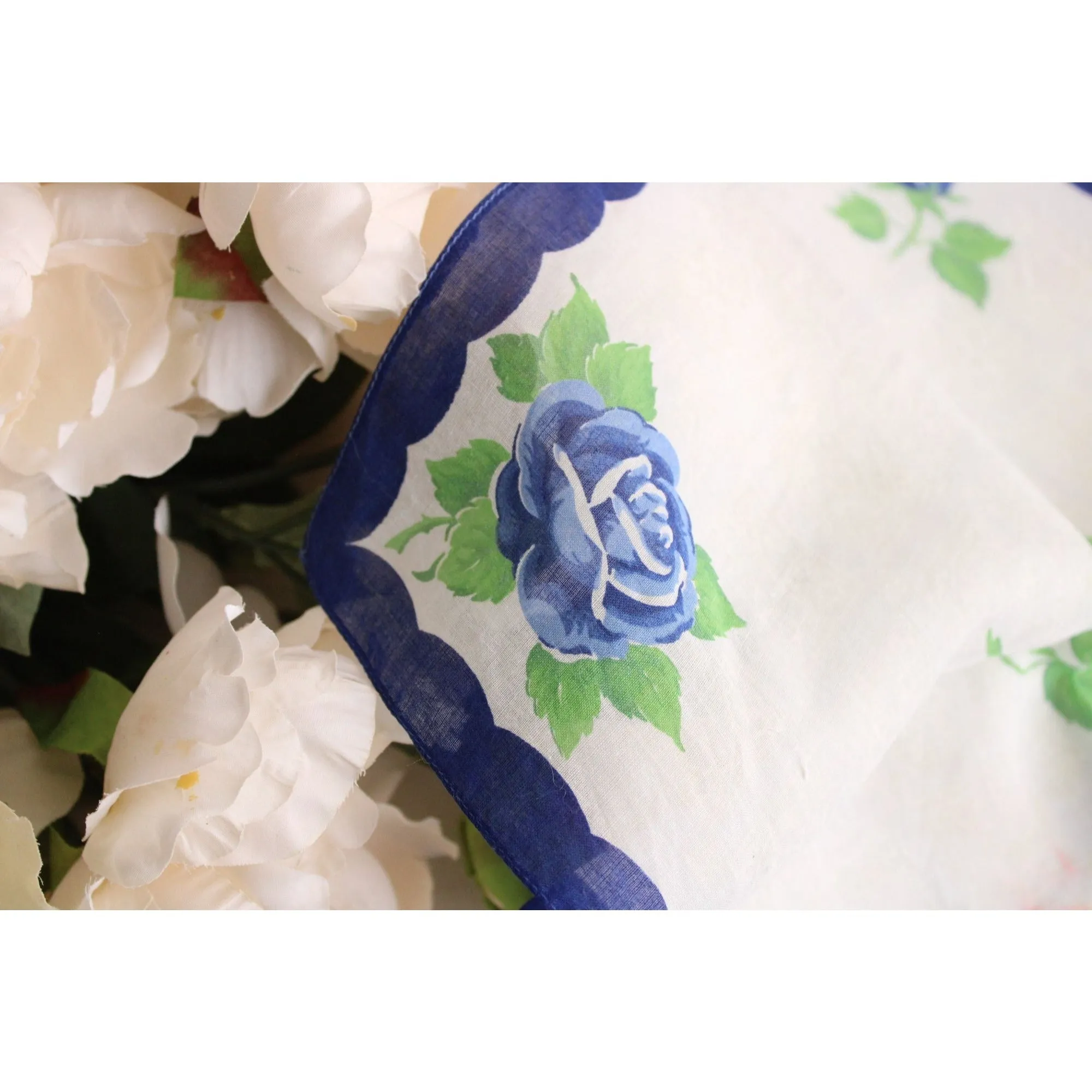 Vintage Blue Rose Flower Print Cotton Hanky