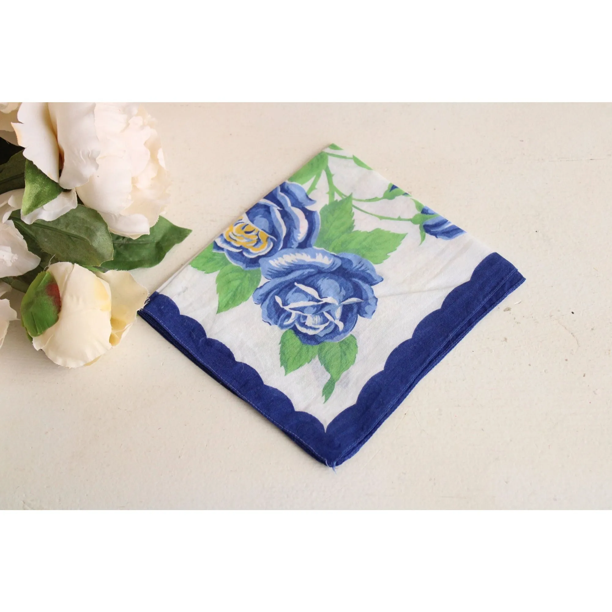 Vintage Blue Rose Flower Print Cotton Hanky
