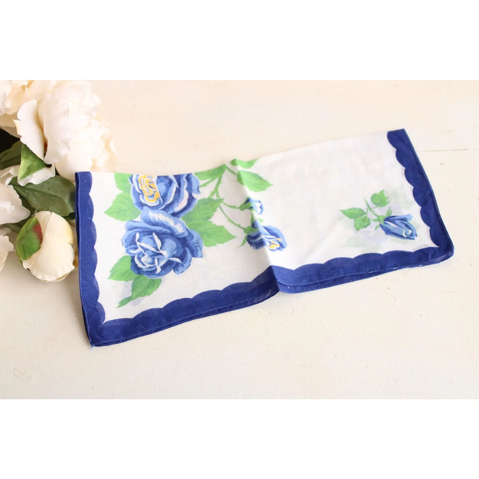 Vintage Blue Rose Flower Print Cotton Hanky