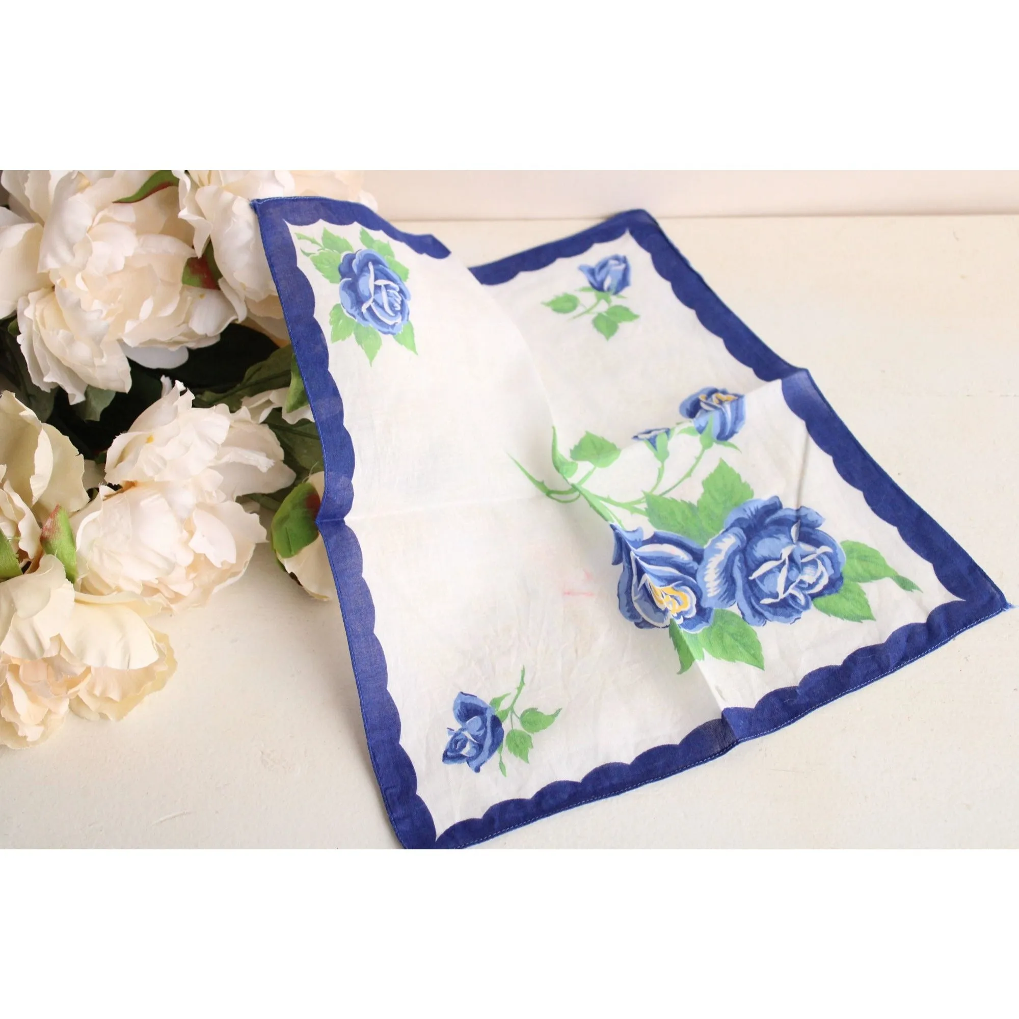 Vintage Blue Rose Flower Print Cotton Hanky