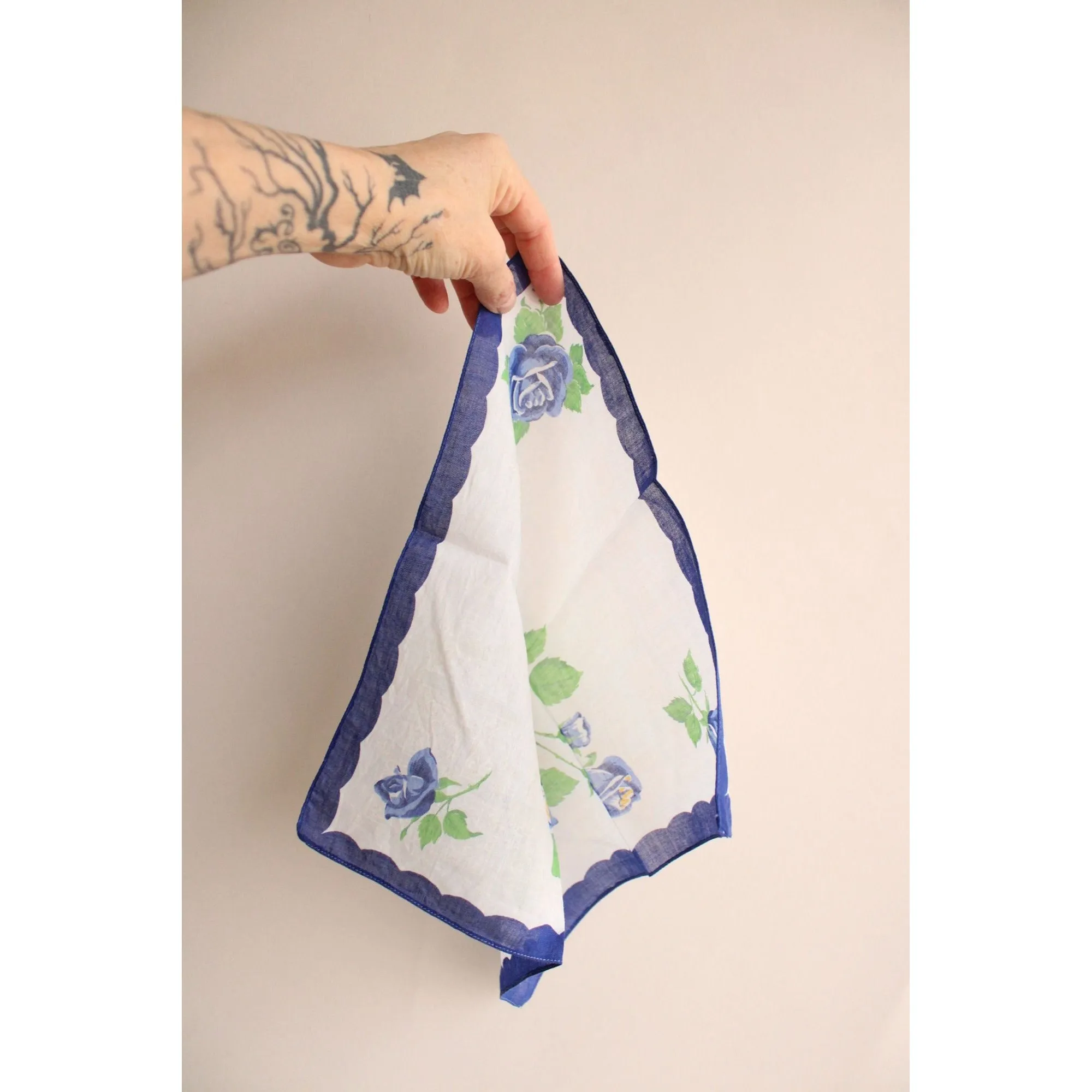 Vintage Blue Rose Flower Print Cotton Hanky