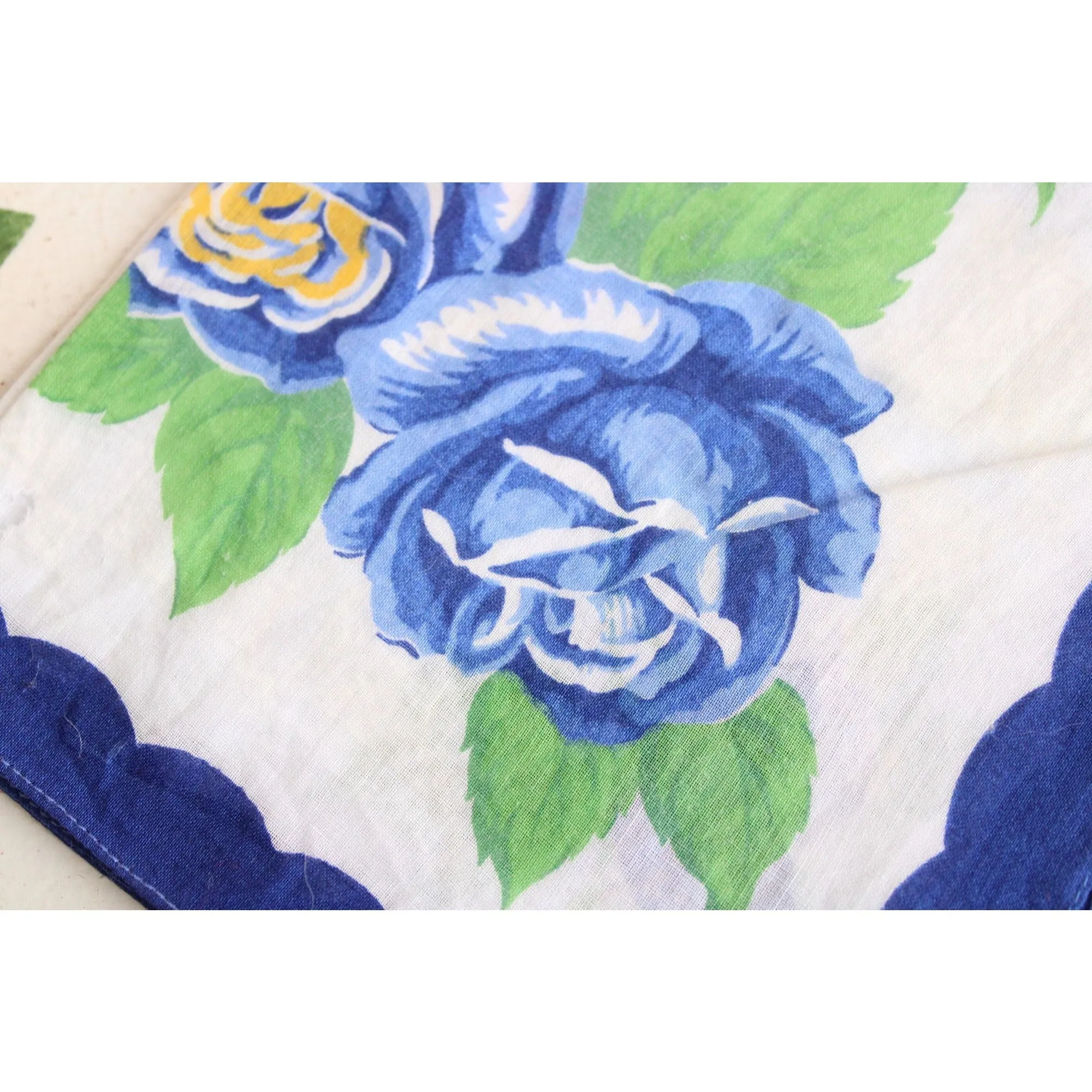 Vintage Blue Rose Flower Print Cotton Hanky