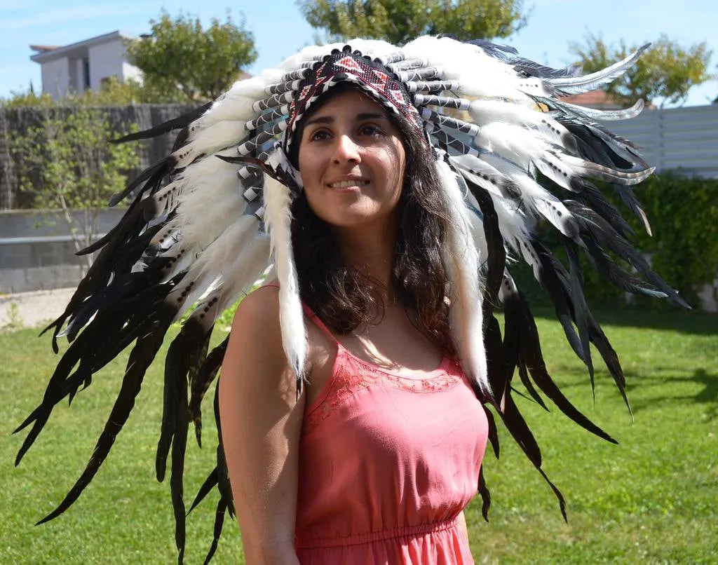 X12 Three colors black and white Indian Style Feather Headdress / warbonnet double feather (30 inch / 75 cm)