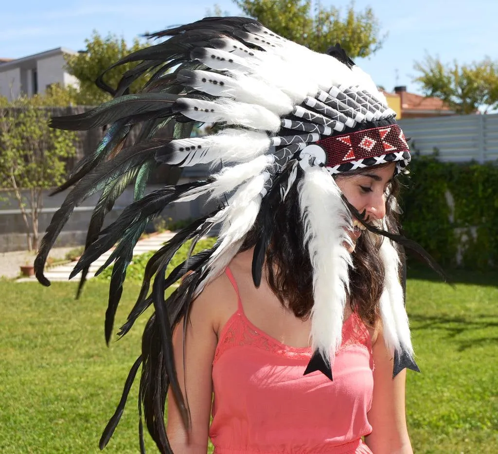 X12 Three colors black and white Indian Style Feather Headdress / warbonnet double feather (30 inch / 75 cm)